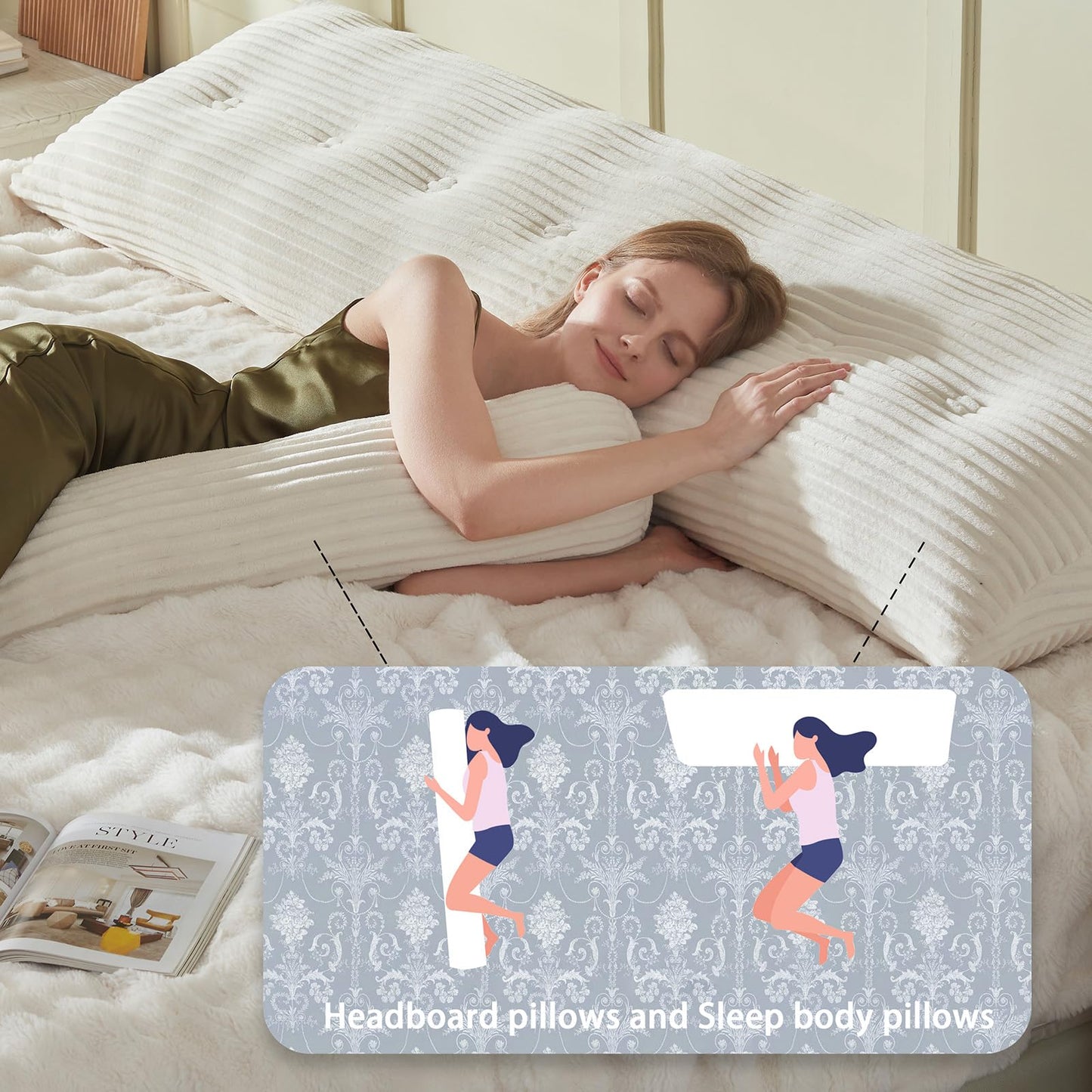AmyWtb Headboard Wedge Pillow + A Long Neck Roll Pillow Body Pillow，Large Headboard Pillow with Removable Cover (Beige, King：76x8x20 inches)