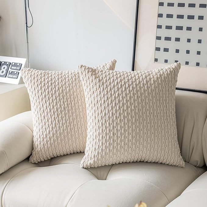Kevin Textile Set of 2 Decorative Pillow Cover Solid Striped Corduroy Plush Velvet Boho Cushion Cover for Couch 50cm 20 x 20 Inch Cream