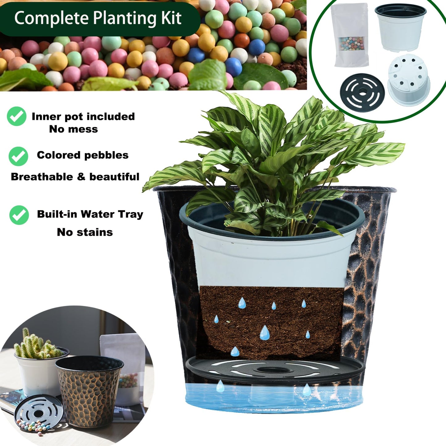 UltiTeque 6in Metal Copper Planter Set of 2, Hammered Plant Pots 6" H×7" W, Built-in Tray & Inner Pots, Use as Vase/Candle Holder/Christmas Decor, Includes Pebbles, for Indoor/Outdoor Plants