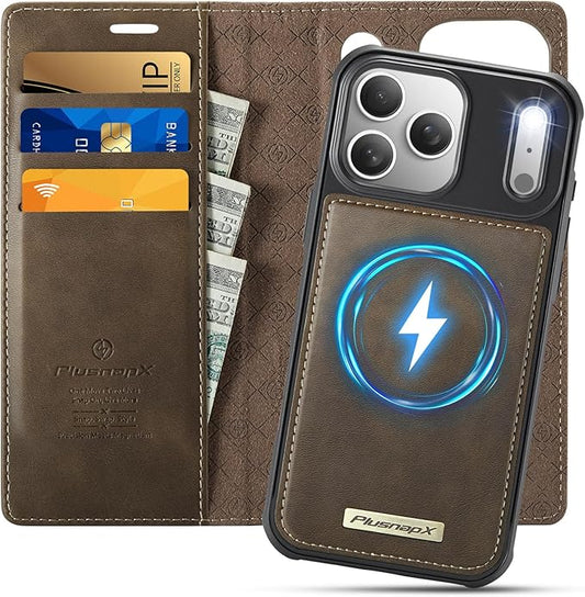 PlusnapX Wallet Case for iPhone 17 Pro Compatible with Magsafe, 2-in-1 PU Leather Flip RFID Blocking Card Holder Stand Shockproof Magnetic Detachable Cover for iPhone 17 Pro Case 6.3", Brown