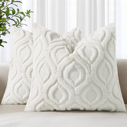 decorUhome Throw Pillow Covers 24x24 Inch Set of 2, Soft Plush Faux Wool Cream White Solid Couch Pillow Covers, Accent Euro Sham Farmhouse Neutral Square Pillow Cases for Sofa Bed Living Room