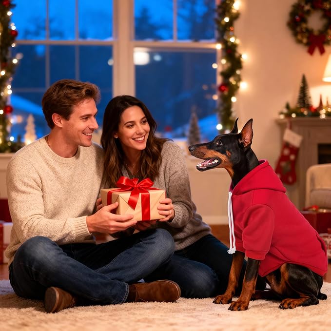 BAOBICUTE Dog Basic Hoodie Soft Dog Clothes Cold Weather Sweaters for Medium Large Dogs Cozy Fabric Warm Sweatshirt with Leash Hole (Red, M (Back: 16.54",Chest: 22.05", Neck: 16.54"))