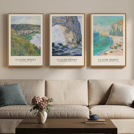 3 Piece Framed Monet Landscape Wall Art for Living Room, Large Impressionist Vintage Coastal Picture Canvas Prints Painting, Classic Nature Artwork Decor for Bedroom Hallway 16x24 Inch