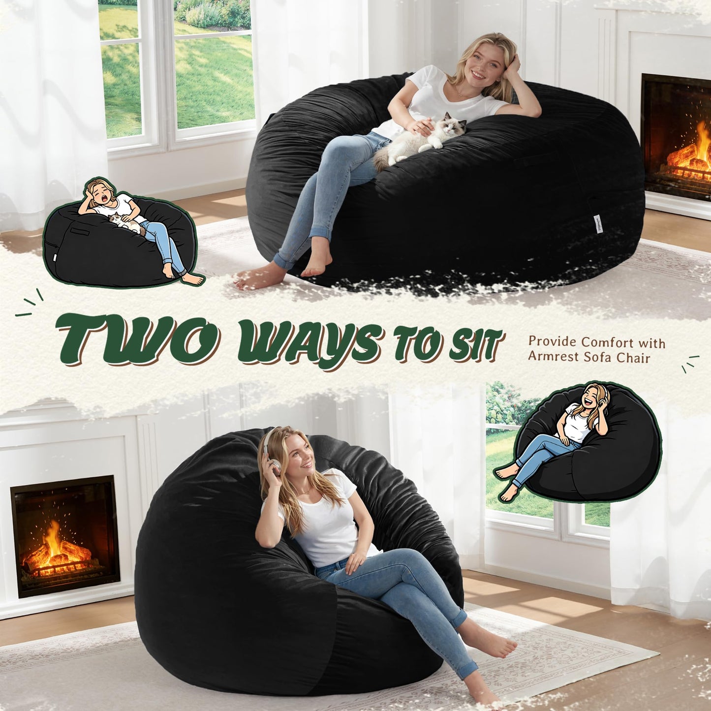 ZurNesfure Bean Bag Chairs for Adults 5FT Large Bean Bag Chair Memory Foam Filled Lazy Sofa with Removable Washable Cover Beanbag for Living Room Bedroom Dorm (Black, X-Large)