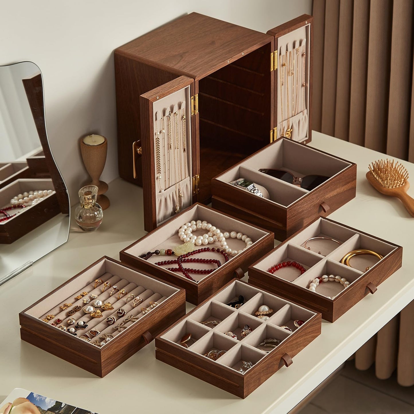 CHOSIN Black Walnut Wooden Jewelry Box 5 Layer Large Wood Jewelry Organizer Brass Handle for Necklaces Rings Earrings Watches Storage Monther, Ideal Gift for Her (7.9x8.7x10.0inches)