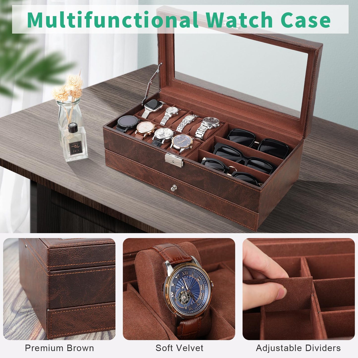TomCare Watch Box 2-Tier Watch Case Jewelry Organizer Box with Thick Glass Lid Lockable Watch Organizer Jewelry Display Holder Sunglass Rings Necklaces Bracelets Storage Organizer for Men Women,Brown