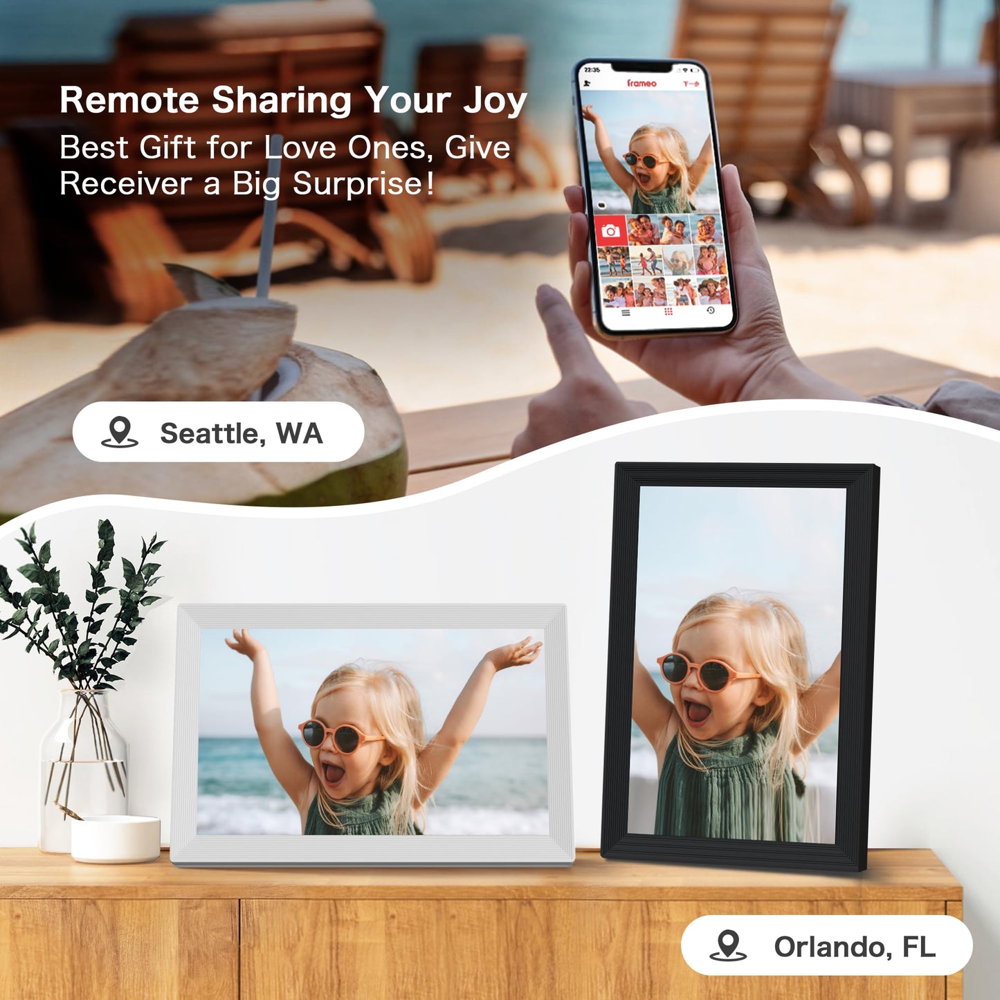 Frameo Digital Picture Frame 2 Pack, 1pc 15.6 Inch Photo Frame Electronic 32GB Memory, 1920 * 1080 Touch Screen, 1pc 10.1inch 1280 * 800 Digital Photo Frame 32GB Memory, Auto-Rotate, Share Photo Video