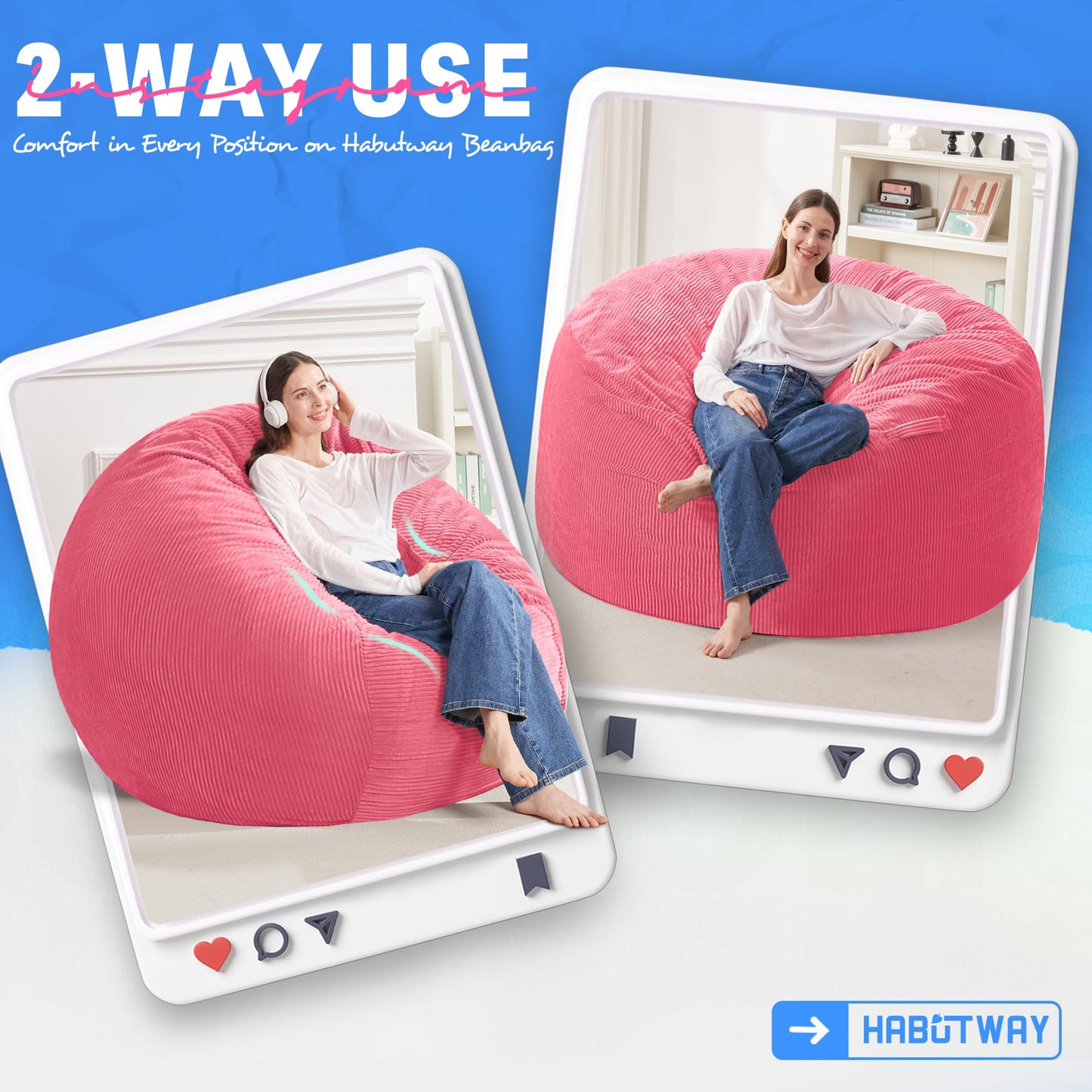 HABUTWAY 4FT Bean Bag Chair,Giant Bean Bag Chairs for Adults,Big Bean Bags with Memory Foam Filled, Large Beanbag Chairs with Soft Corduroy Cover-Pink