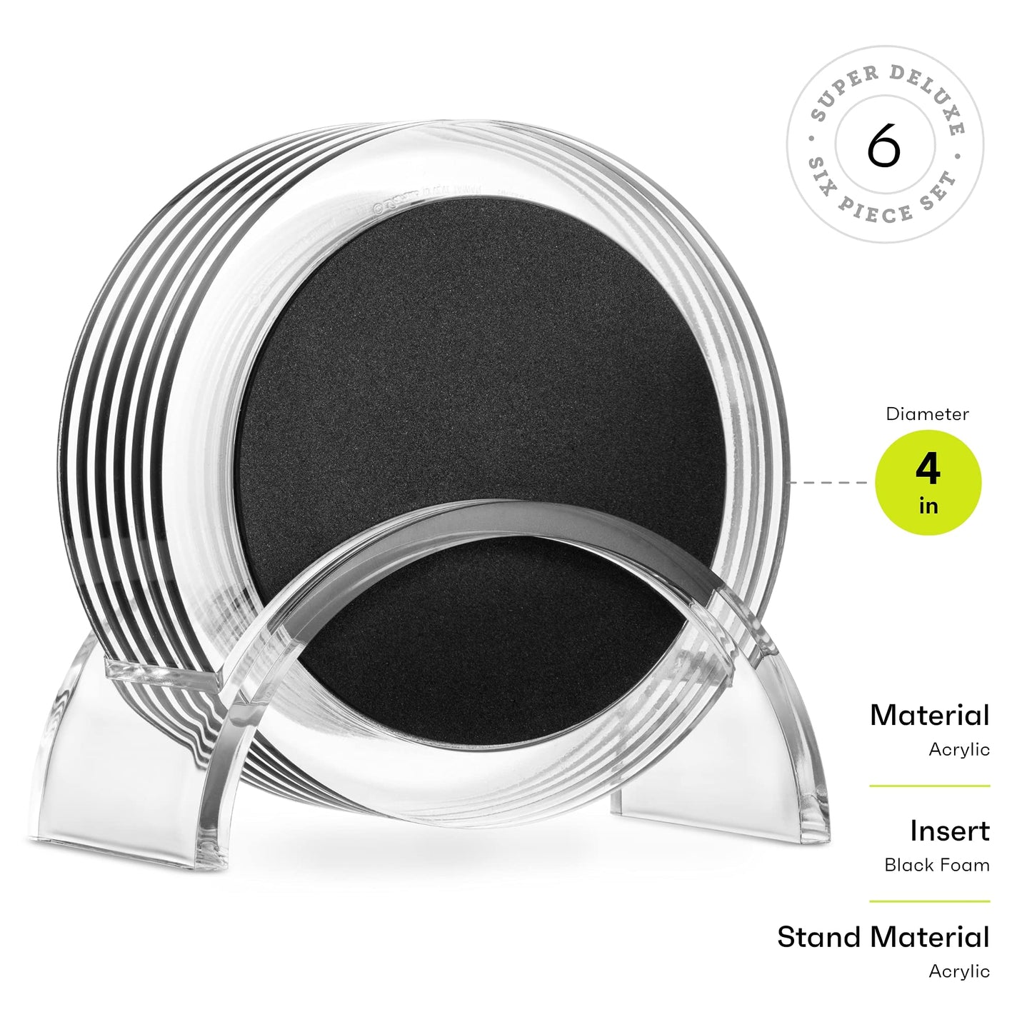 Acrylic Drink Coasters Set of 6 | Premium Stylish Black 4 Inch Coaster Set for Tabletop, Coffee Table Protection | Coasters Will Not Scratch Your Wood Tables or Stick to Glass | Home Decor Accent