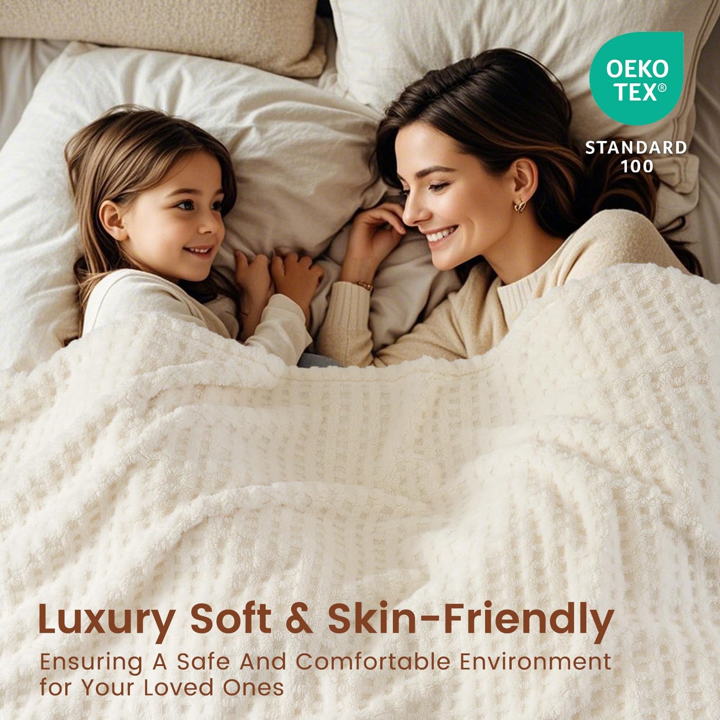 David's Home Ultra Soft Fleece Blanket Queen Size for Bed, Plush Shaggy Fluffy 3D Jacquard Waffle Throw for Couch, Warm Lightweight for Fall Winter,Fuzzy Aesthetic Room Decor,90x90 inches,Cream