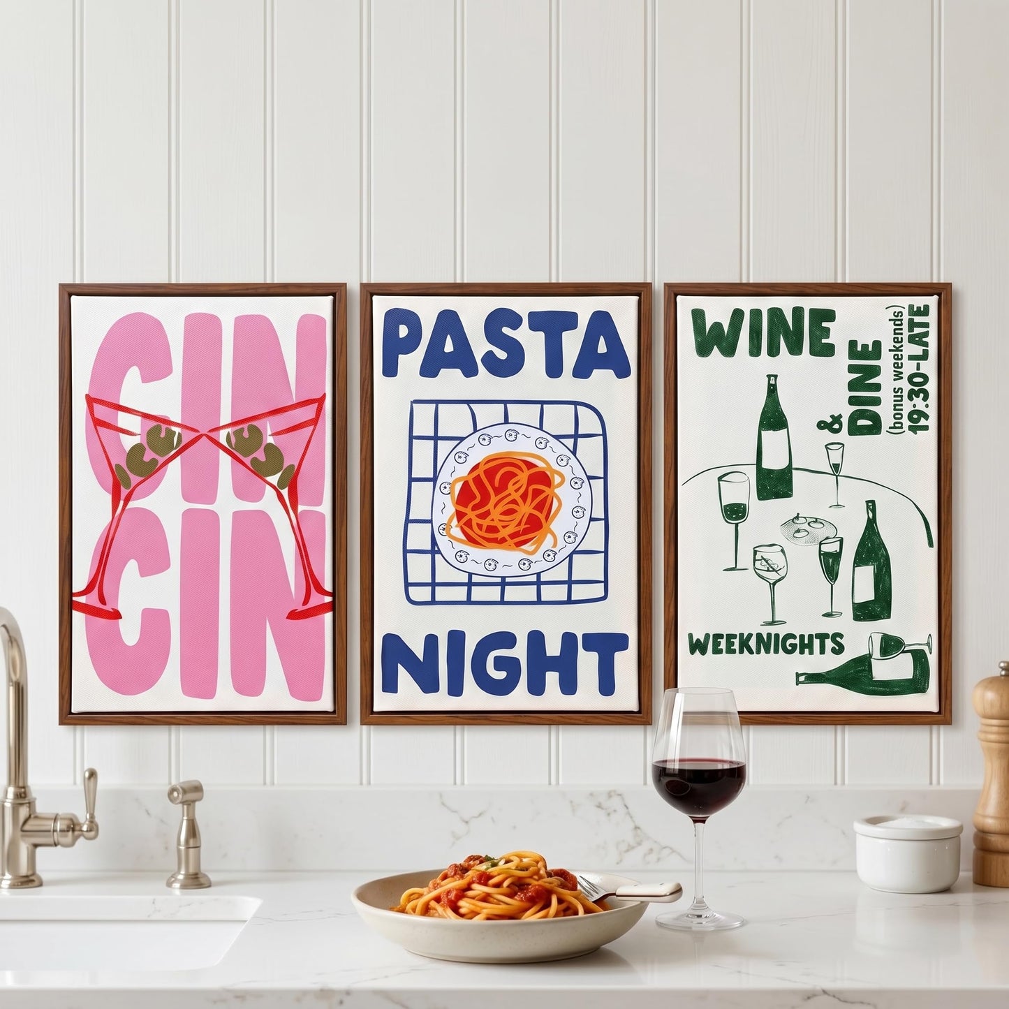 LAKELUUYAA Canvas Wall Art Minimalist Line Art Kitchen Wall Decor Set of 3, Pasta Canvas Prints, Mid Century Modern Dining Room Wall Art, Framed Pasta Poster for Bar Cafe (12"x16")