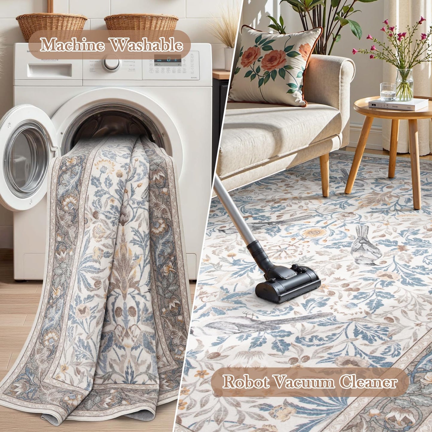 Morebes Floral Washable Area Rugs 5x7, Boho Rugs for Living Room Non Slip, Soft Indoor Floor Throw Carpet Flower Rug for Dining Room Table Bedroom Home Office Playroom Foyer, Beige