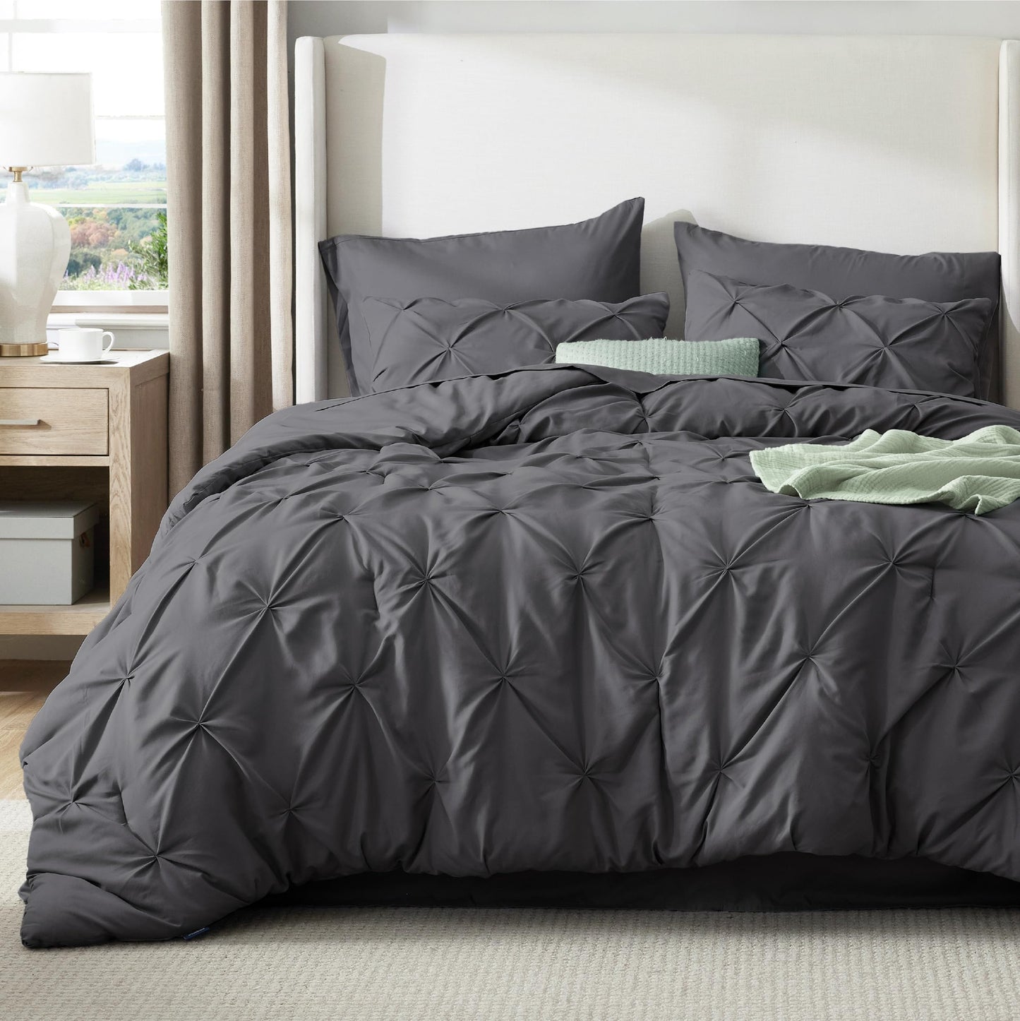 Bedsure Queen Comforter Set Dark Grey - Bed in a Bag Queen Size Bedding 7 Pieces, GentleSoft™ Pintuck Bed Set Gift for Family, All Season Down Alternative Comforter with Sheets, Pillowcases & Shams
