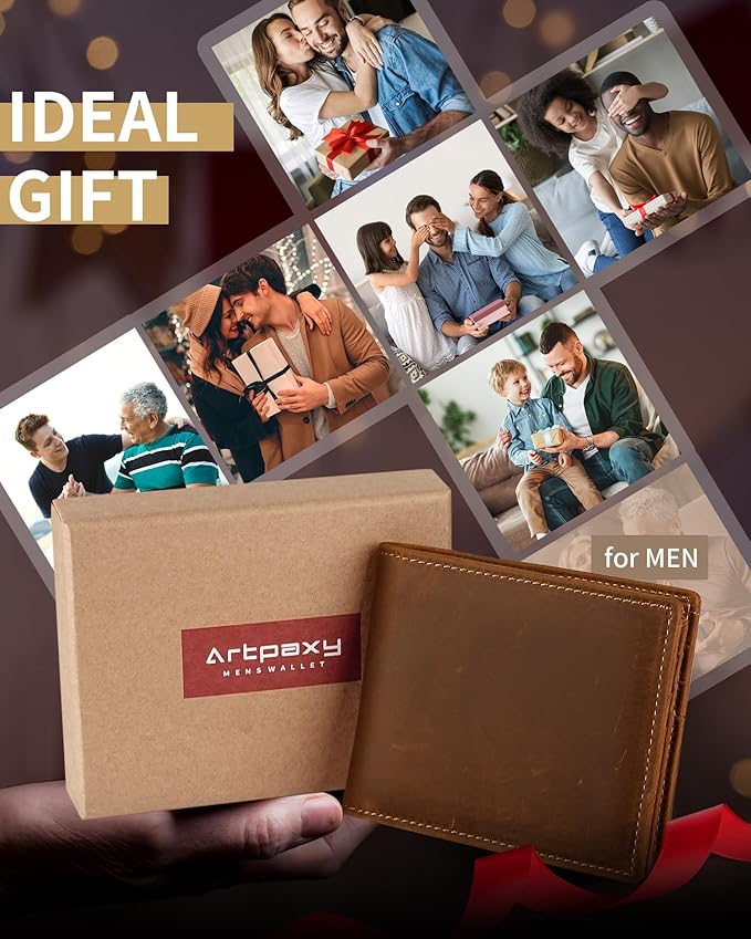 Artpaxy Mens Wallet Genuine Leather Bifold RFID Blocking Wallet for Men with 2 ID Windows 12 Card Holders 2 cash pockets 1 Gift Box