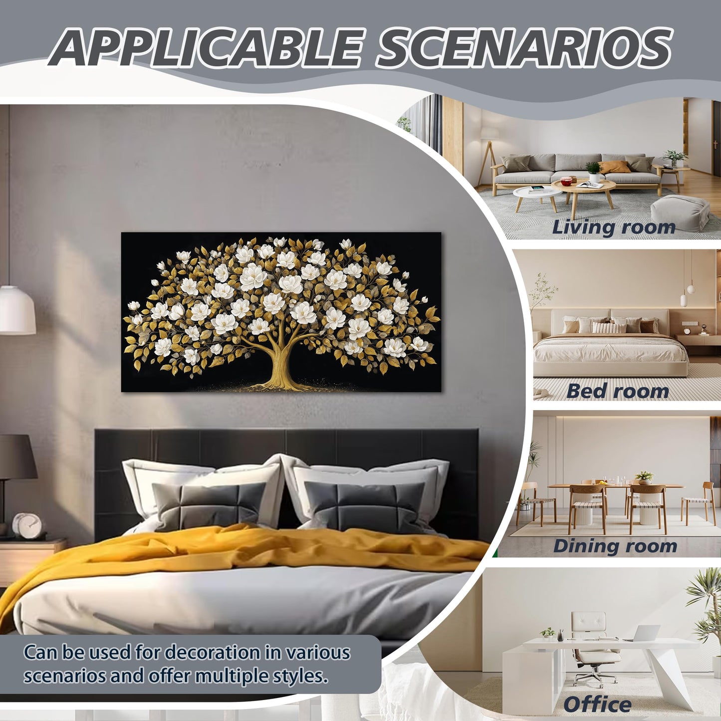 ORKARLUMENT Large Tree of Life Wall Art for Living Room Gold and White Floral Modern Artwork for Bedroom Office Canvas Prints 20"x40"