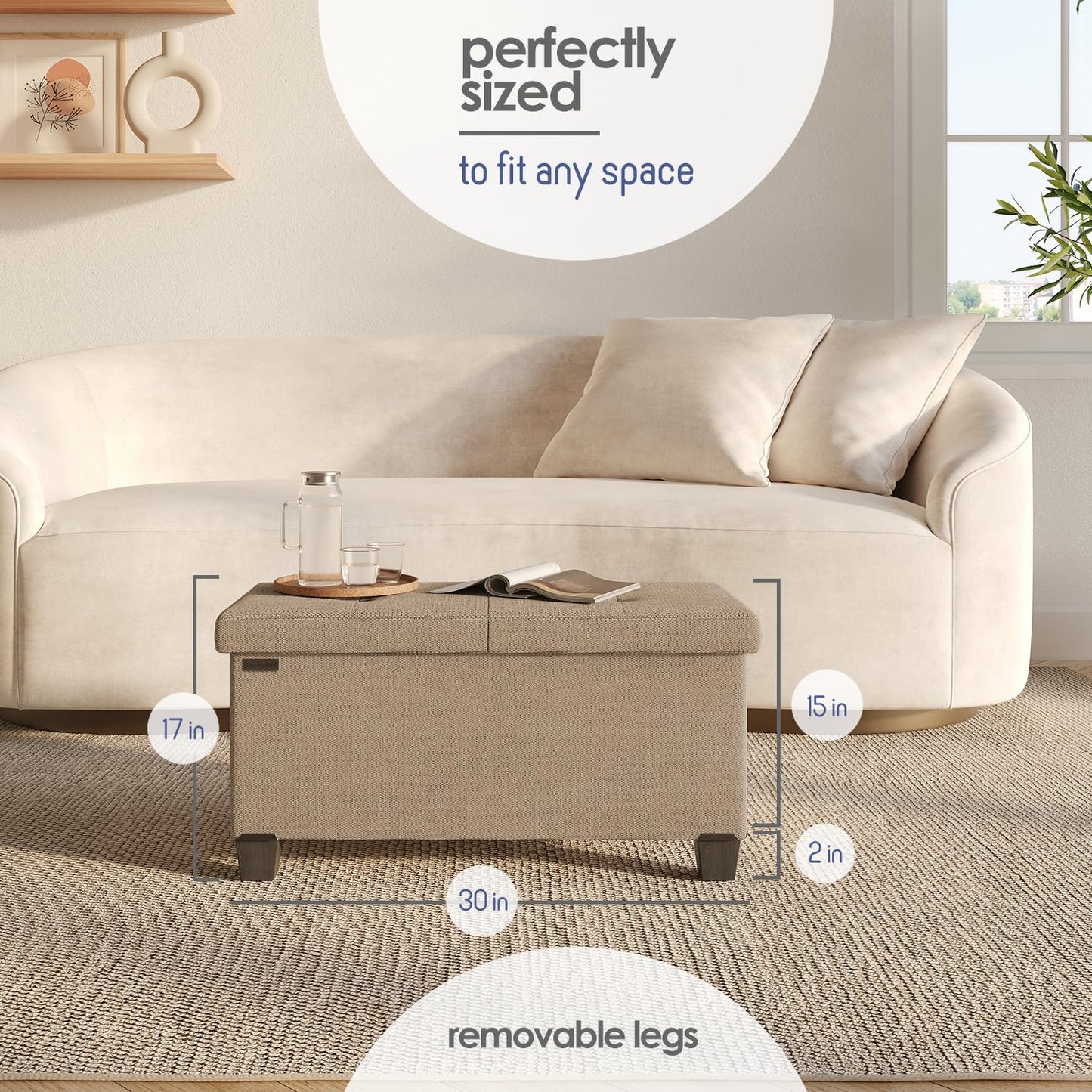 Storage Ottoman Bench with Bins, 30-in Storage Bench for Bedroom End of Bed, Folding Foot Rest Ottoman for Living Room Max 660lbs, Fabric Ottomans, Taupe