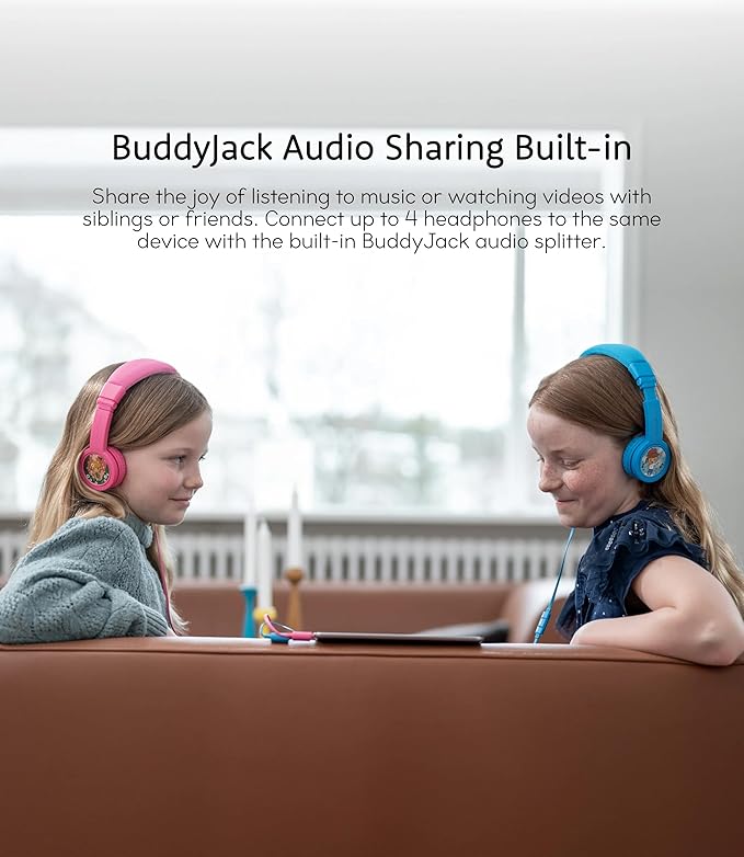 BuddyPhones Explore Plus | Foldable Kids Wired Headphones, Built-in Audio Sharing Cable with in-Line Mic - SafeAudio Volume-Limiting for Kindle, iPad, iPhone, or Android (Grey Matter)