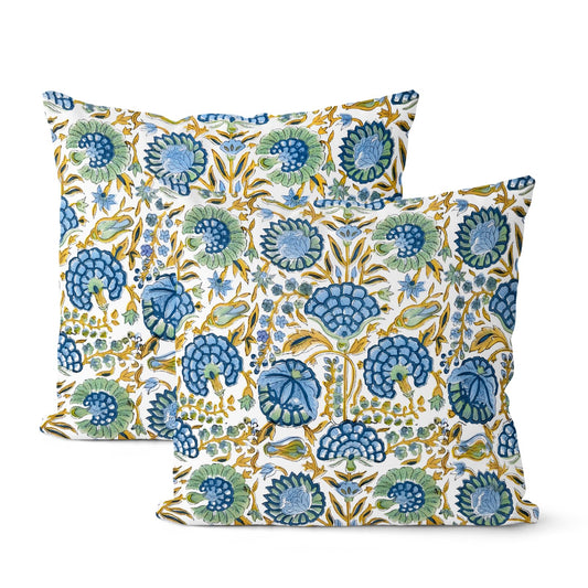 DAFENA Boho Pillow Covers 18x18 Inch 2 Pcs Blue Yellow Green Vintage Floral Decor Throw Pillows Block Print Flower Outdoor Farmhouse Decoration Pillowcase Cotton Cushion Cover for Couch Sofa