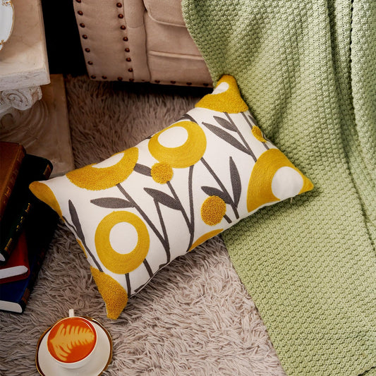 ARTMAGIC White Embroidery Floral Throw Pillow Covers Spring Summer Decorative Pillowcase Square Cushion Cover for Couch Sofa Bed Living Room Bedroom Decor (Yellow 02, 12" x 20")