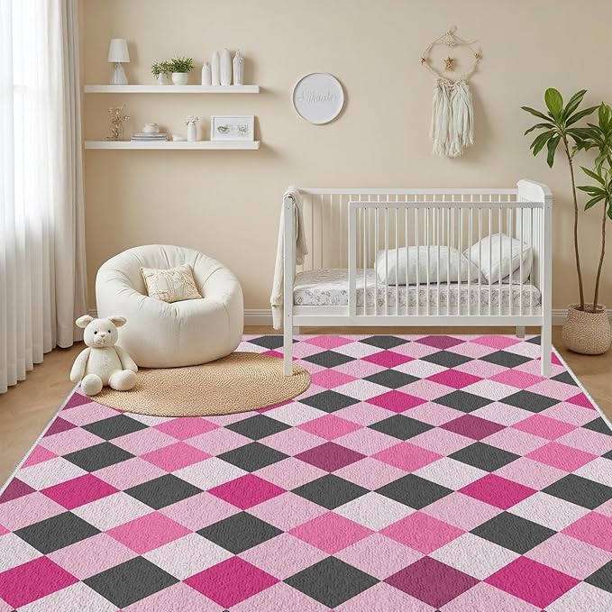 Diamond Checkered Rug 2x3, Soft Ultra Soft Faux Wool Abstract Geometric Rugs, Indoor Floor Mats Carpet, Non Slip&Non-Shedding Low Pile Washable Rugs, Modern Red Rug for Bedroom