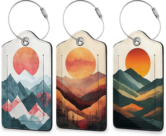 Boho Mountain Sun 3 Pack Luggage Tag for Suitcase, Leather Bag Tags with Privacy Cover ID Label and Durable Steel Loop for Cruise Airport Travel