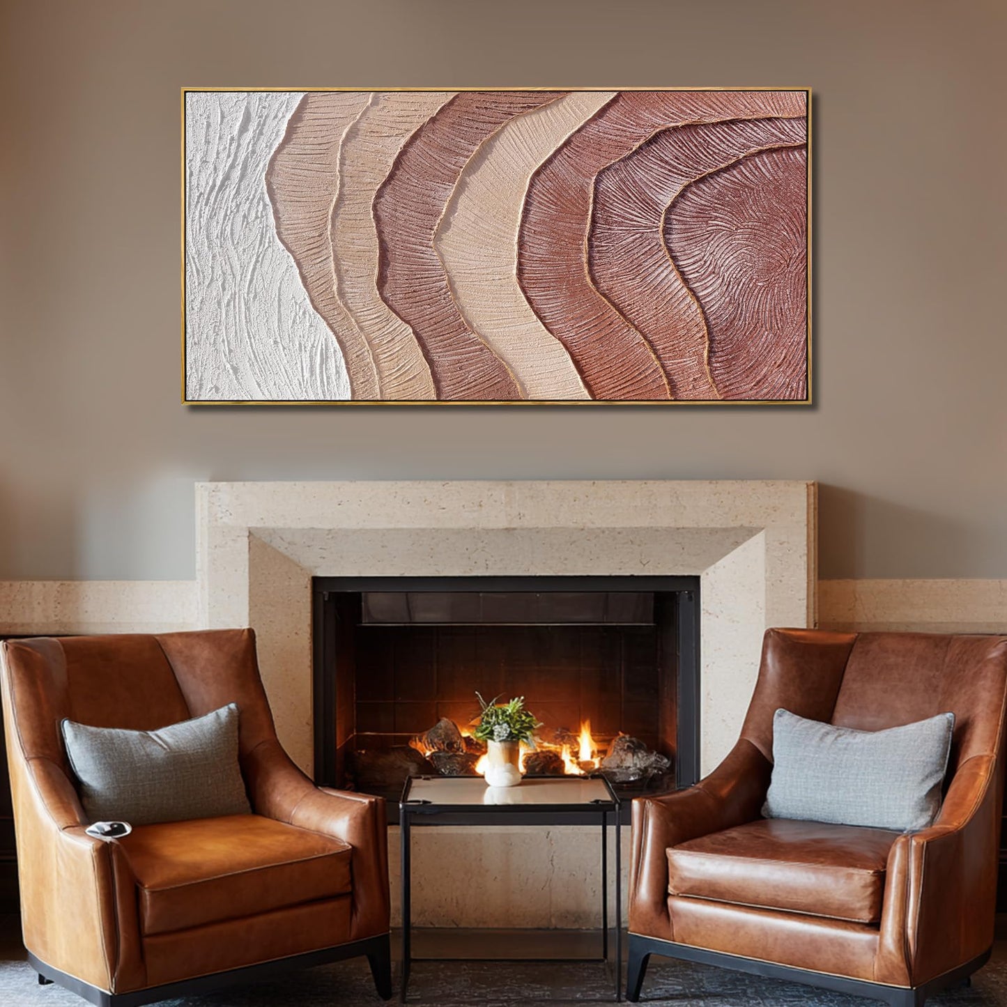 Framed Abstract Wall Art, Hand-Painted Beige Brown Textured Oil Painting on Canvas, Modern Neutral Wall Decor for Living Room Bedroom Office, 29x58 Inch