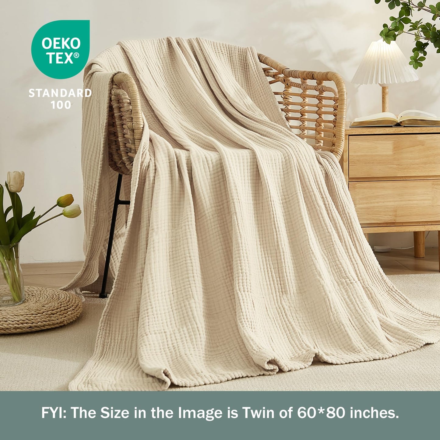 EMME Cotton Throw Blanket Large 4-Layer Gifts for Women 100% Muslin for Couch Breathable Gauze All Season Beige Soft and Lightweight Pre-Washed