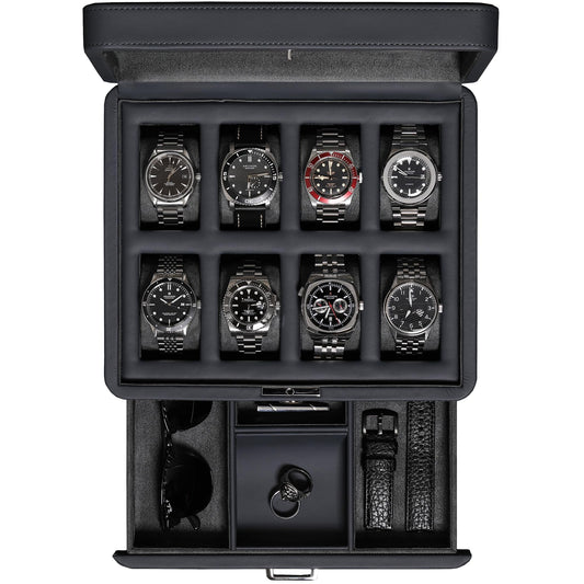 ROTHWELL 8 Slot Leather Watch Box with Valet Drawer - Luxury Case Display Jewelry Organizer, Locking Display Case Holder with Real Glass Top - Watch Box Organizer for Men & Women (Carbon)