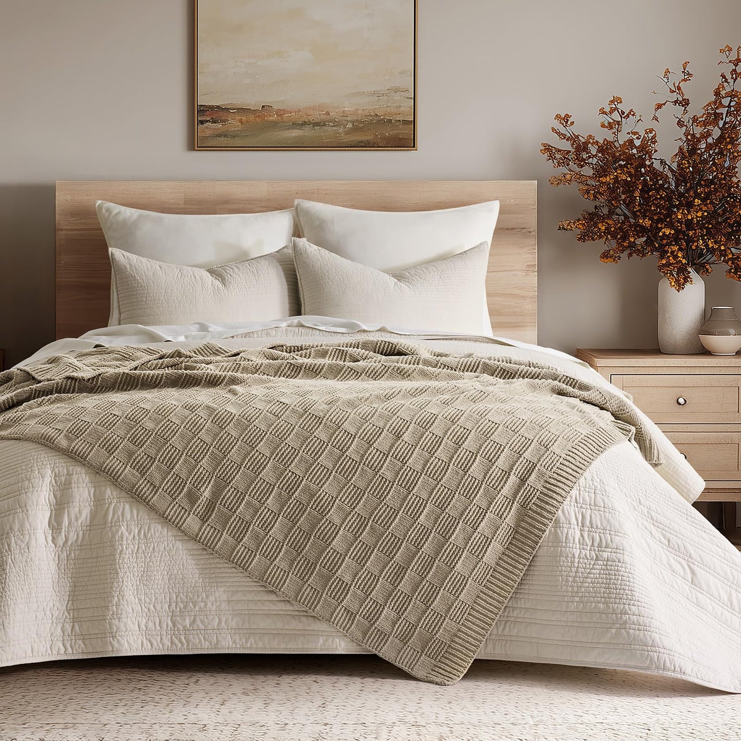 EVERGRACEHOME Modern Checkered Chenille Throw Blanket, Soft Cozy Plaid Knitted Chair Blanket for Sofa Couch, Decorative Knit Throw for Bed and Living Room, Sand Dune, 50" x 60"