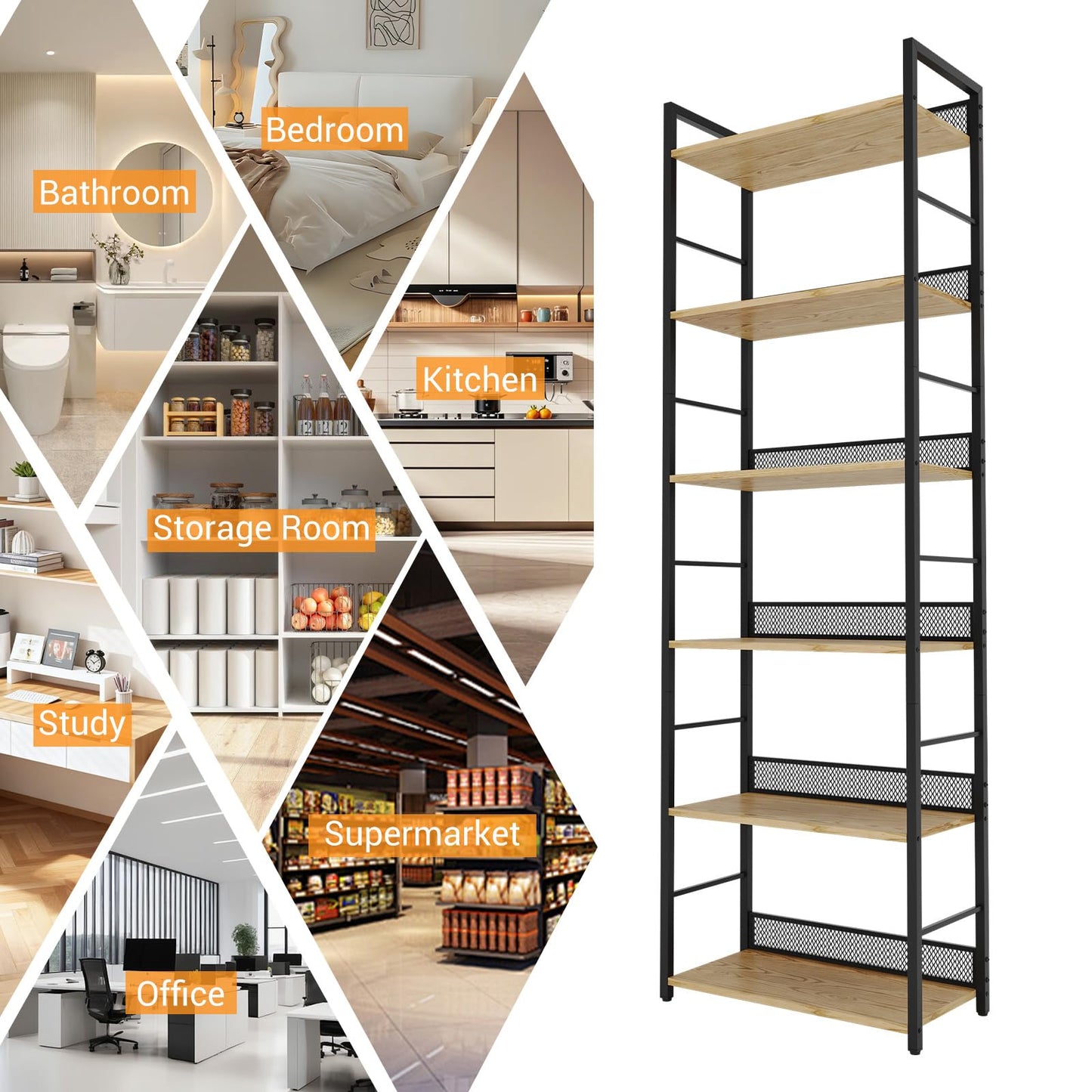 6 Tier Bookshelf，Tall Narrow Bookcase with Metal Guard Panels, Industrial Wood and Metal Display Shelf, Freestanding Storage Rack for Bedroom, Living Room, Home Office，Matte Black， Rustic Brown