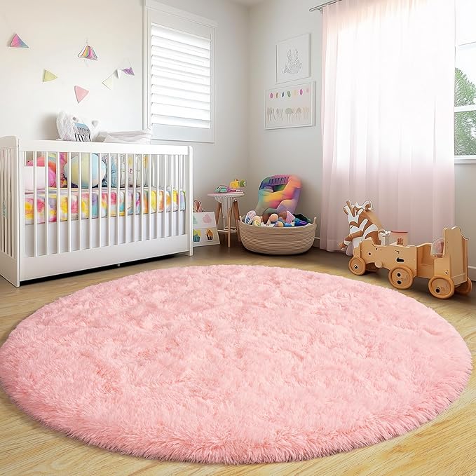 Round Fluffy Rugs 8Ft for Girls Bedroom, Pink Shag Circle Kids Rug Non-Slip for Bedside Dorm Nursery Playroom, Soft Cute Area Rugs for Living Room Decor