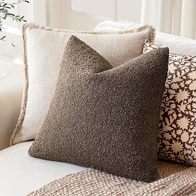 Foindtower Decorative Textured Boucle Throw Pillow Covers Accent Solid Pillow Cases Neutral Soft Cozy Couch Cushion Case for Chair Sofa Bedroom Living Room Home Decor 18x18 Inch,1PC,Light Brown
