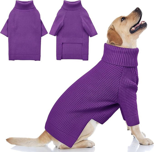 Queenmore Dog Sweater for Large Breeds, Long Sleeve Warm Dog Sweaters, Turtleneck Knitted Pullover Pet Clothes, XL Dog KintSweater, Cat Knitwear, Purple XL