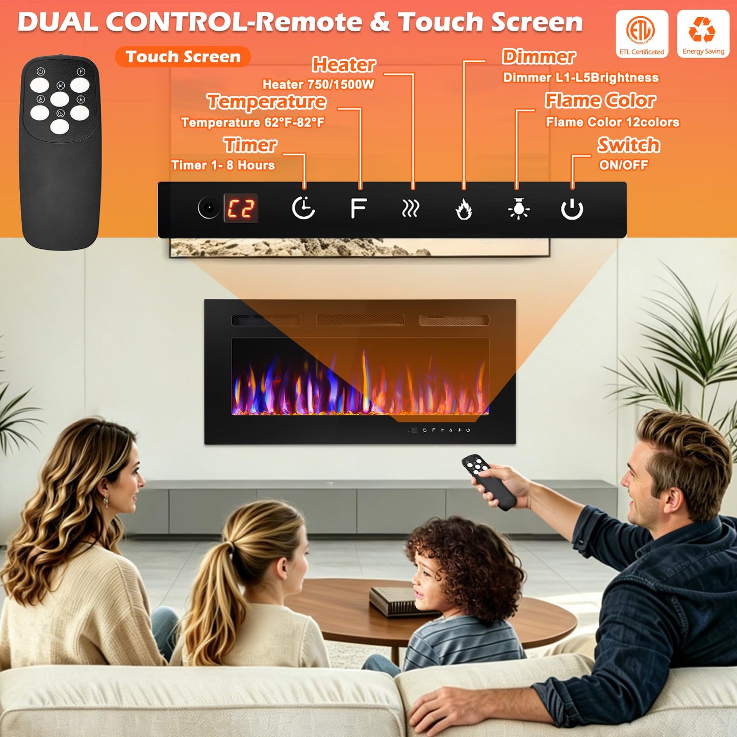 BETELNUT 36" Electric Fireplace Wall Mounted and Recessed with Remote Control, 750/1500W Ultra-Thin Wall Fireplace Heater W/Timer Adjustable Flame Color and Brightness, Log Set & Crystal Options