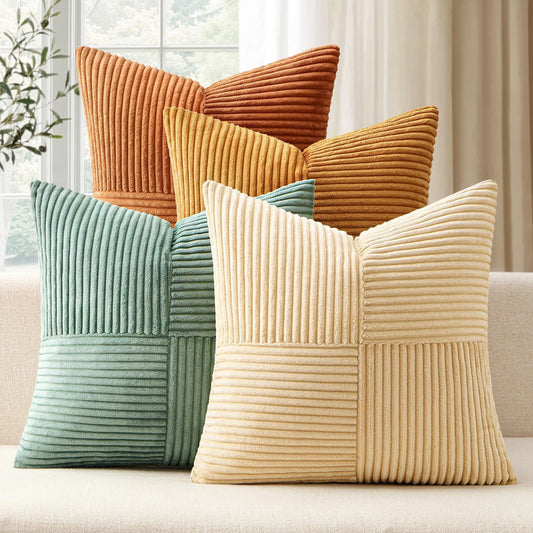 ANRODUO Pack of 4 Decorative Throw Pillows for Couch Orange Teal 18x18 Inch Boho Cozy Soft Corduroy Cushion Covers Farmhouse Accent Pillowcases for Mid Century Summer Home Decor Sofa Bed Living Room