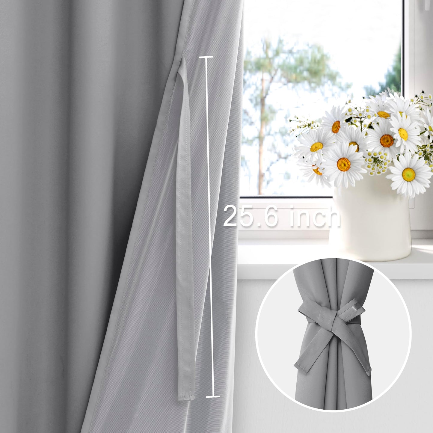 XWZO 100% Blackout Curtains with Tiebacks- Heat and Light Blocking Rod Pocket & Back Tab Window Drapes with Black Liner Backing for Bedroom/Kid's Room, Light Grey, W52 x L108, Set of 2 Panels