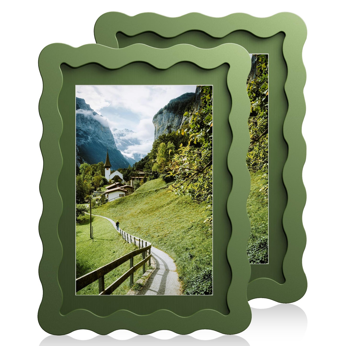 Chrspk 5x7 Wavy Picture Frame With Mat For 4x6, Wavy Edge Wooden Picture Frame with Real Glass - Wall Mount and Tabletop Display, Green, 2 Pack