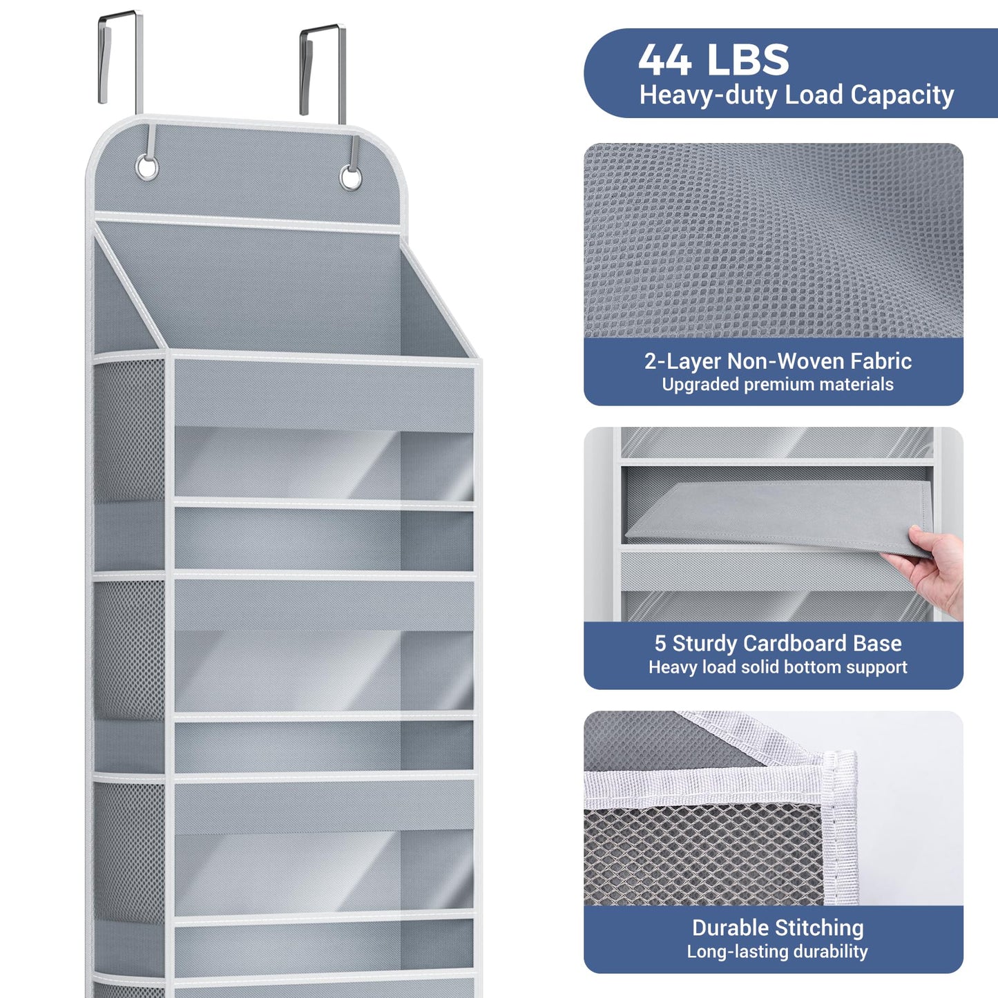 COOLBEBE Over the Door Organizer, 5-Shelf Hanging Organizer with 10 Side Pockets, 44LB Behind the Door Storage for Bathroom Bedroom Closet and Baby Essentials, Grey