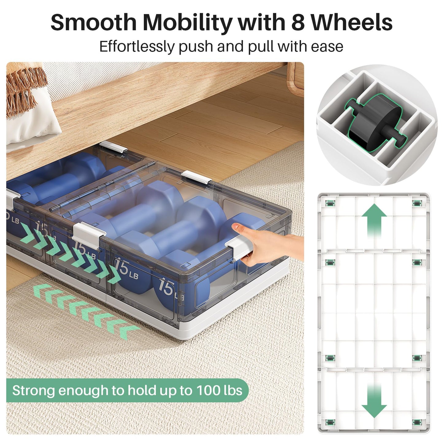 Kitstorack Clear Plastic Under Bed Storage Containers Bins with Lids and 8 Pre-installed Wheels,37.8 Qt, Rolling Foldable Flat Under Bed Organizer Boxes for Clothes Shoes Clothing Bedroom