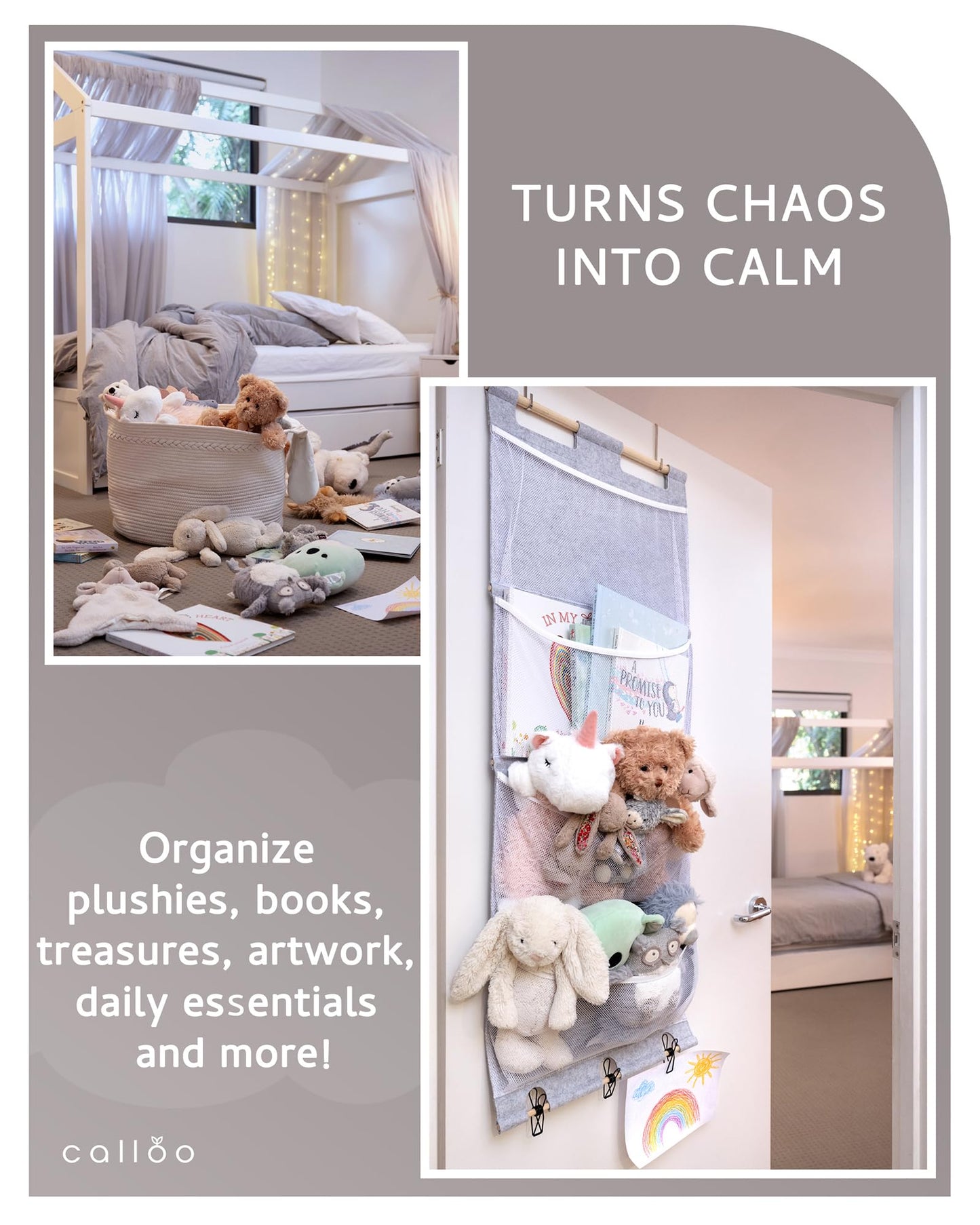 Calloo Over the Door Stuffed Animal Storage for Kids – Felt Organizer with Clips to Display Art and Mesh Pockets for Stuffies, Books and More – Space-Saving Hanging Design that Grows with your Child