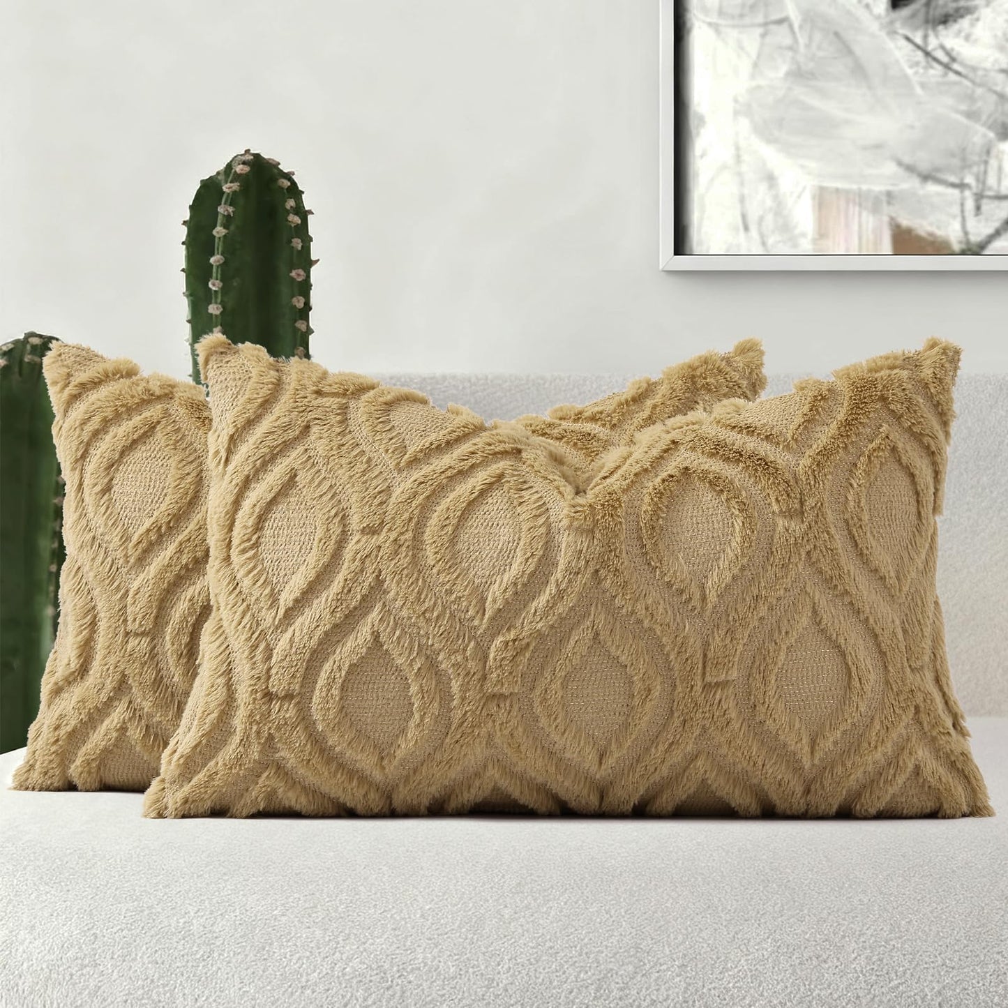 decorUhome Throw Pillow Covers 12x20 Inch Set of 2, Soft Plush Faux Wool Light Brown Khaki Solid Couch Pillow Covers, Accent Farmhouse Neutral Rectangle Pillow Cases for Sofa Bed Living Room