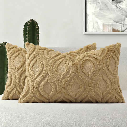 decorUhome Throw Pillow Covers 12x20 Inch Set of 2, Soft Plush Faux Wool Light Brown Khaki Solid Couch Pillow Covers, Accent Farmhouse Neutral Rectangle Pillow Cases for Sofa Bed Living Room