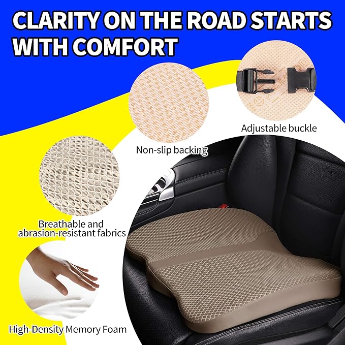 LARROUS Comfort Memory Foam Seat Cushion for Car Seat Driver, Tailbone (Coccyx) Pain Relief Pad for Driving, Office Chair (Beige)