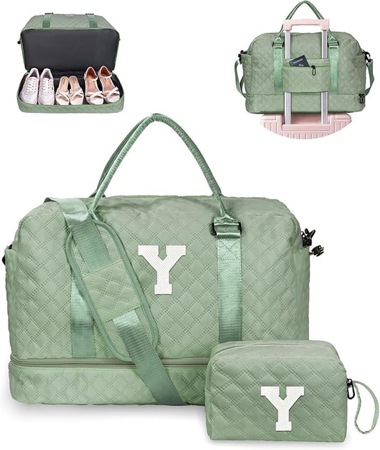Vogewood Monogrammed Gifts for Women-Initial Travel Bag with Shoe Compartment, Personalized Weekender Bag, Monogram Overnight Bag for Women, Girl Duffel Bag with Makeup Bag (Letter Y)