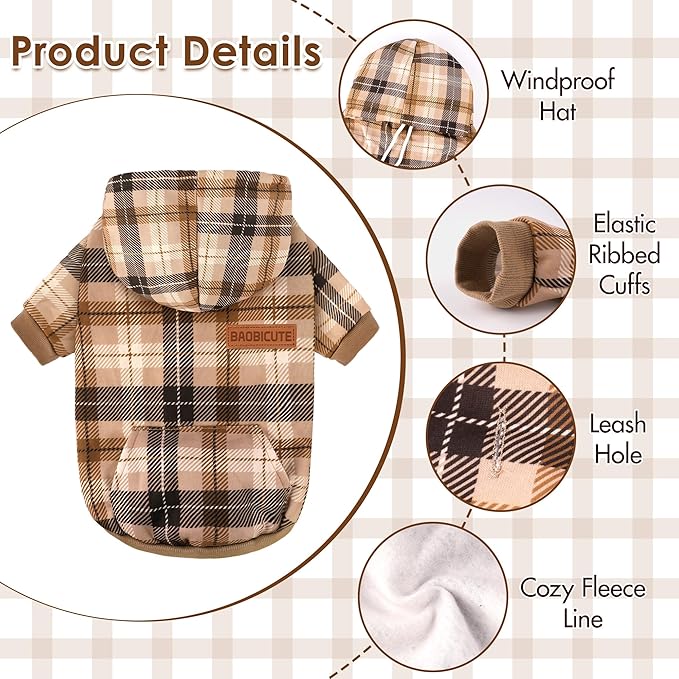 BAOBICUTE Dog Basic Hoodie Soft Dog Clothes Cold Weather Sweaters for Medium Large Dogs Cozy Fabric Warm Sweatshirt with Leash Hole (Khaki Plaid, S (Back: 12.6",Chest:18.11", Neck: 13.78"))