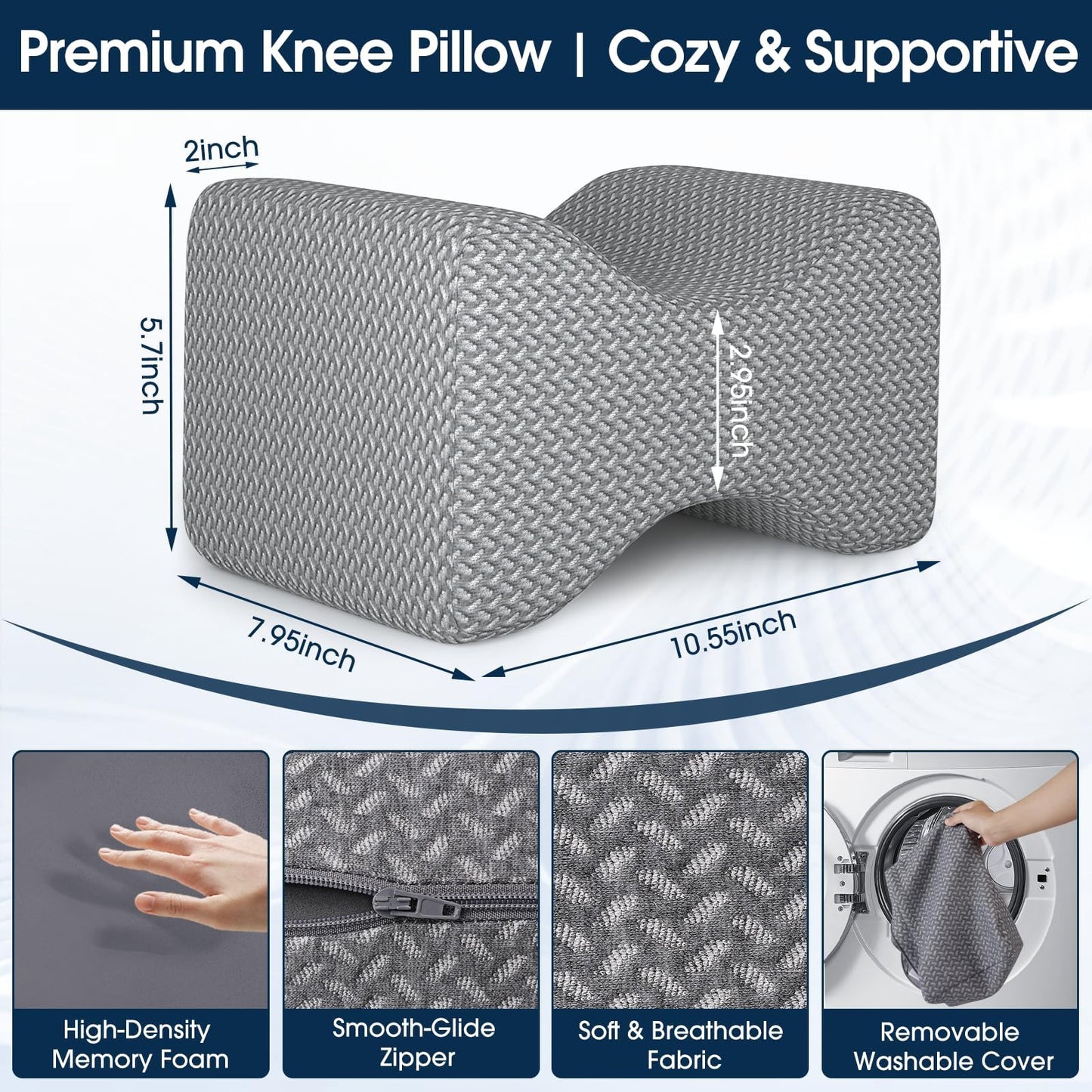 BlissTrends Memory Foam Knee Pillow, Knee Pillow for Side Sleepers, Leg Pillows for Sleeping Blood Circulation, Elevation Pillow for Spine Aligning, Sciatica, Back, Hip, Knee, Ankle Pain, Grey