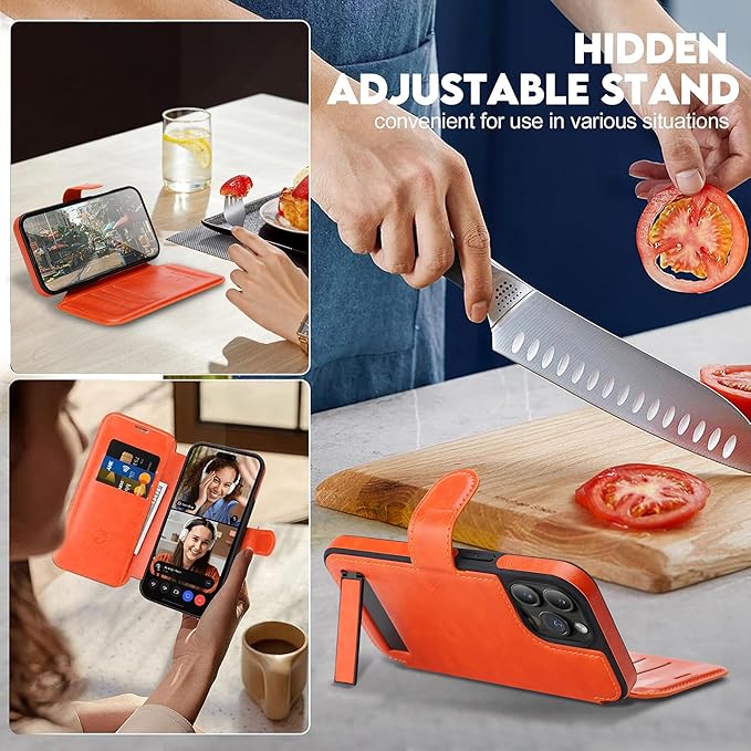 CIVICASE for iPhone 15 Pro Max Wallet Case with Stand,PU Leather Flip Credit Card Holder Slots (RFID Blocking),Compatible with Magsafe Magnetic Holder Phone Cover Women Men,Orange