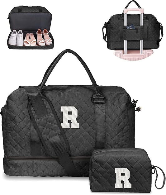 Vogewood Easter Gifts for Teens-Duffle Bags, Personalized Weekender Bag with Shoulder Strap, Monogram Overnight Bags for Women Wet Pocket, Letter Travel Bag with Makeup Bag Gifts for Niece (Letter R)