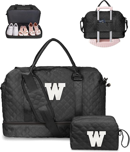 Vogewood Initial Duffle Travel Bag, Personalized Weekender Bag with Shoulder Strap, Monogram Overnight Bag for Women Wet Pocket, Letter Travel Bag with Makeup Bag Gifts for Friends Female (Letter W)