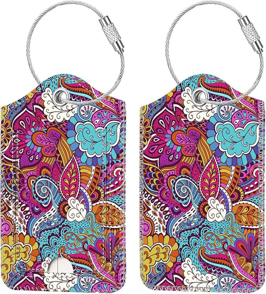 Fintie Luggage Tags, Privacy Cover ID Label with Stainless Steel Loop and Address Card for Travel Bag Suitcase, Peacock Flower (2 Piece)